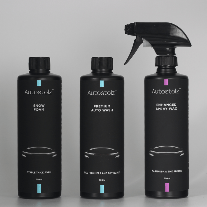 Autostolz Signature Wash Kit – Snow Foam, SiO₂ Auto Wash and Ceramic Spray Wax bundle on a neutral backround