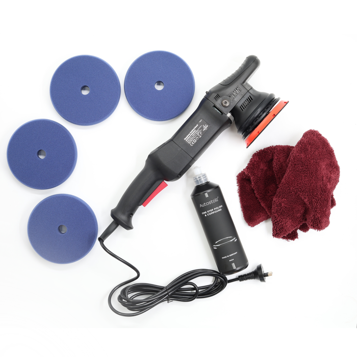 RockCar 15 Complete Paint Correction System with One Step Polish, four Blue Euro pads, Pegasus microfiber cloth and Fireball pad cleaning kit components | lovecars