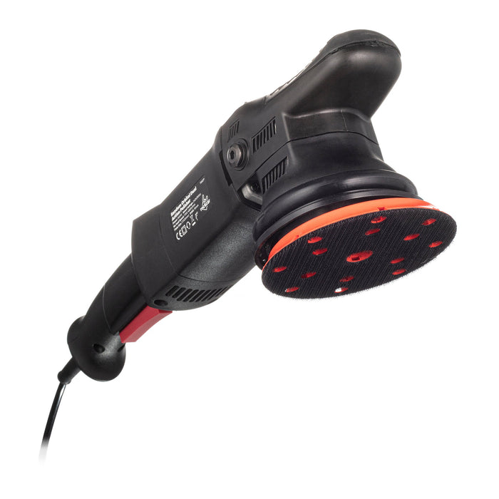 RockCar 15mm dual action polisher shown from front angle with 5 inch backing plate and cooling vents | lovecars