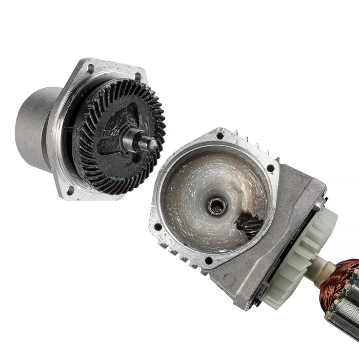 Steel drive gears, heavy-duty gearbox housing, cooling fan and copper motor components inside the RockCar 15mm dual action polisher | lovecars