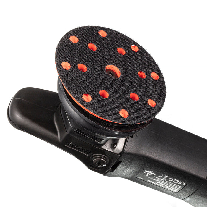 Ventilated 5 inch backing plate on the RockCar 15mm dual action polisher designed to improve airflow, cooling and polishing pad life | lovecars